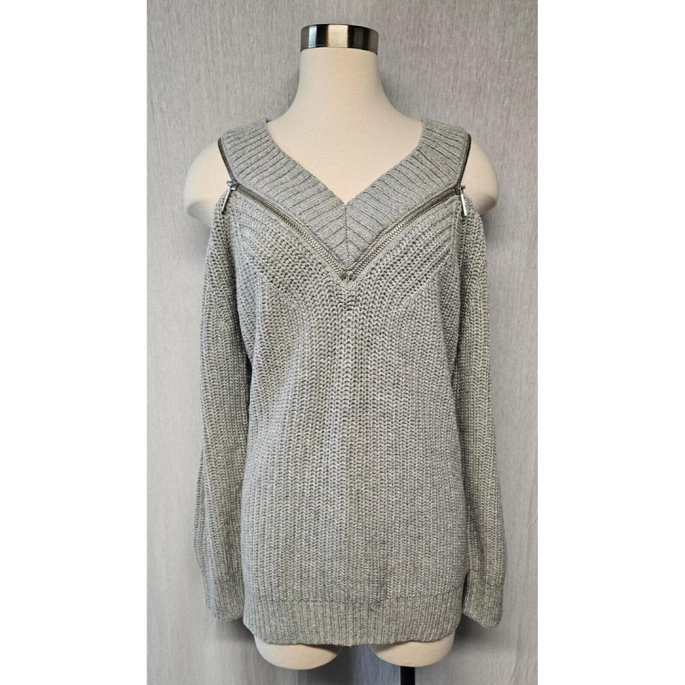 Michael Kors Pearl Gray Heather Wool Blend Zipper Cold Shoulder Sweater Large
